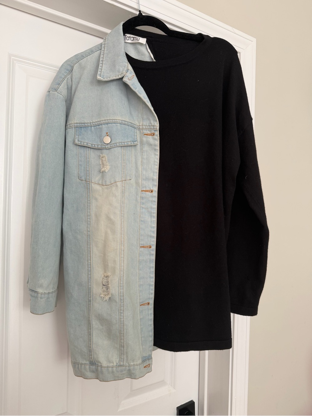Two-Tone Light Wash Denim and Black Button-Down Shirt Jacket by